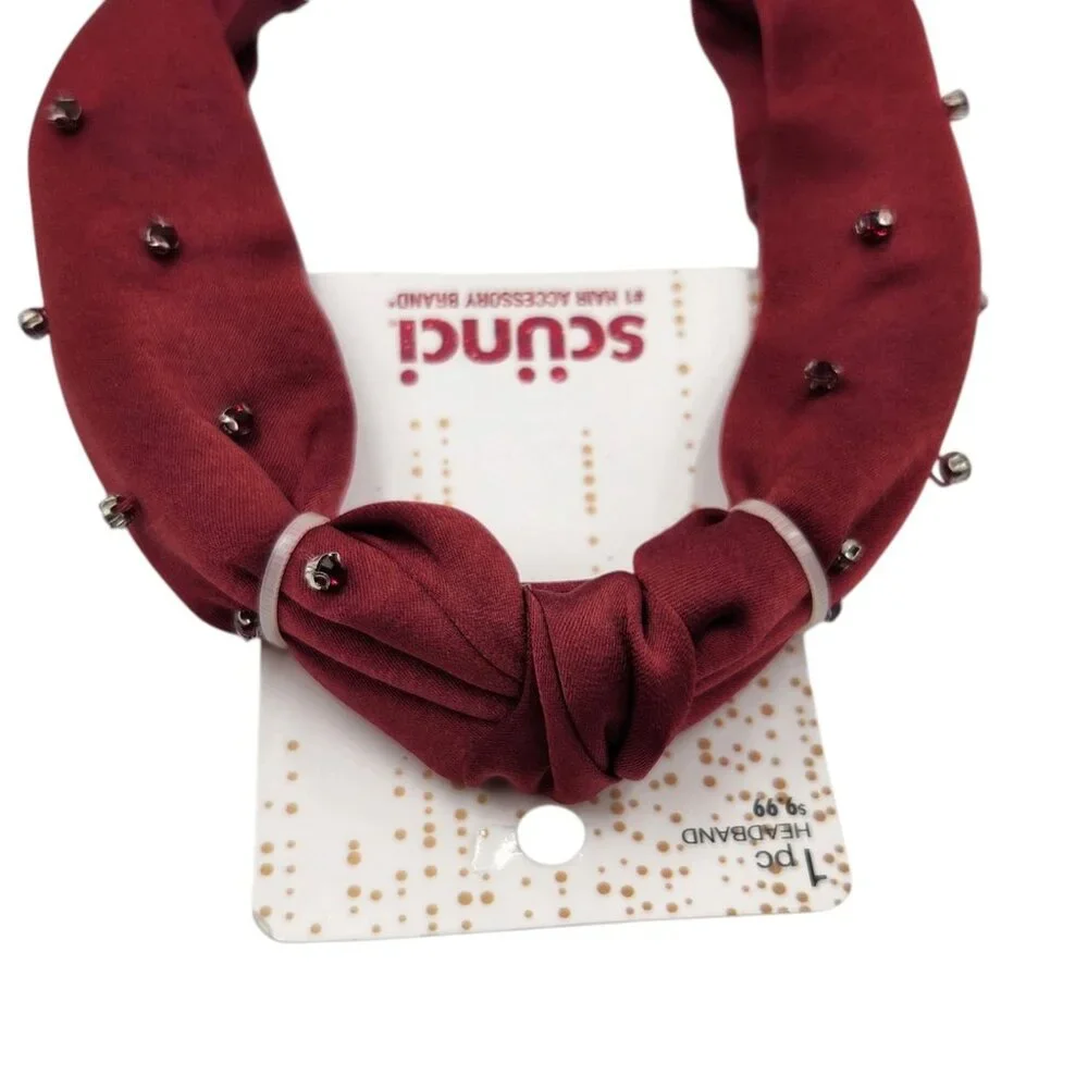 Scunci Hair Headband‎ Womens 1 Pc Red Deep Rose Color Jewels Satin Fabric